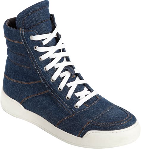 blue denim high top sneakers.